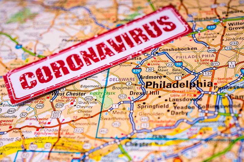 Map of Philadelphia with a sign that reads "CORONAVIRUS"